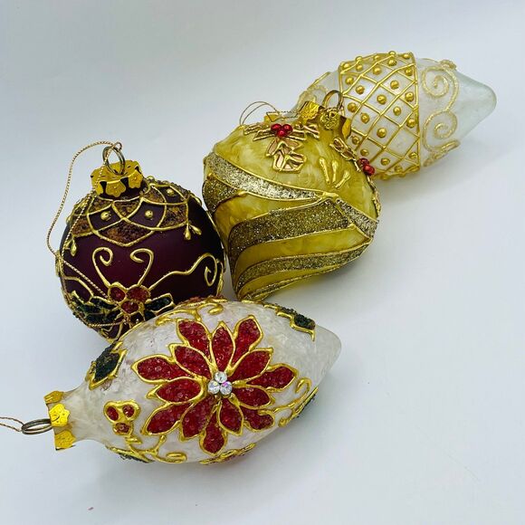 4 Embellished Frosted Glass Christmas Ornaments Elongated Poinsettia Holly Gold - Picture 10 of 11